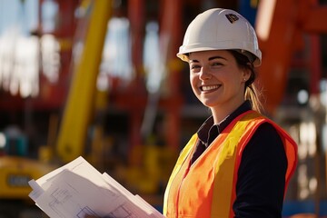 Confident female construction manager in hard hat and safety vest, reviewing blueprints on-site, with heavy machinery in the background, smiling and focused.