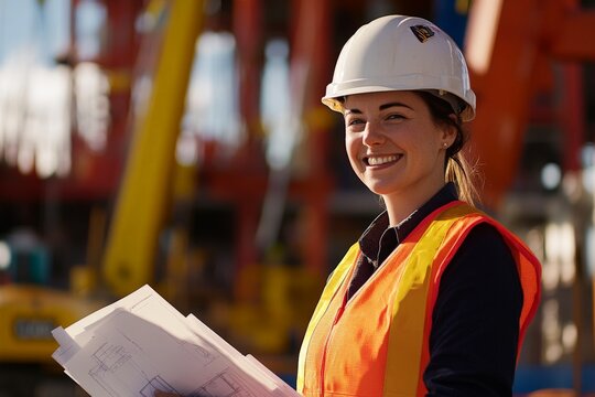 Confident female construction manager in hard hat and safety vest, reviewing blueprints on-site, with heavy machinery in the background, smiling and focused.