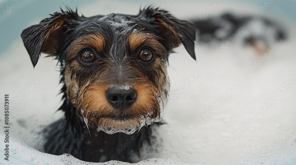 Poster dog enjoying bath time with gentle pet shampoo foaming in a clean, modern grooming area showing pet 