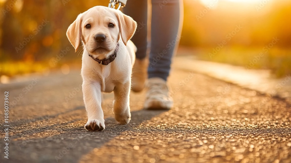 Poster young puppy walking beside owner on a new, comfortable leash in a sunny park showing pet products in