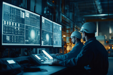 An image of an energy plant with advanced machinery with a team of engineers is overseeing operations