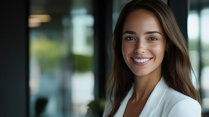 Naklejka premium Young professional woman smiling confidently with long hair in an elegant white blazer, standing in a modern office environment with soft lighting and a welcoming atmosphere.