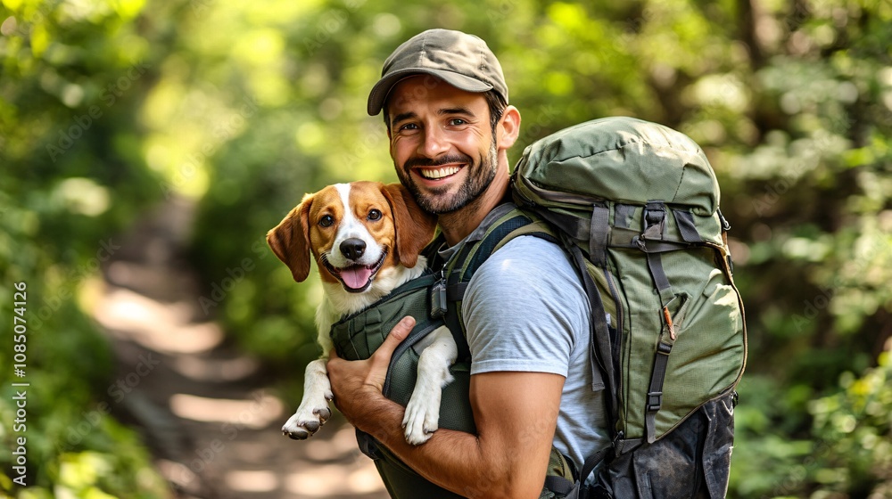 Poster owner using a comfortable dog carrier backpack in a sunny hiking area highlighting practical pet tra