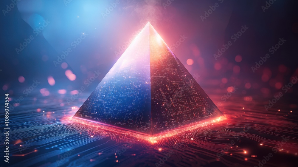 Aufkleber futuristic digital pyramid with glowing base and circuit patterns illuminated by blue and red light 