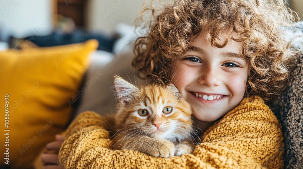 Poster pet adoption event with a smiling child gently holding a kitten in a warm, welcoming space represent