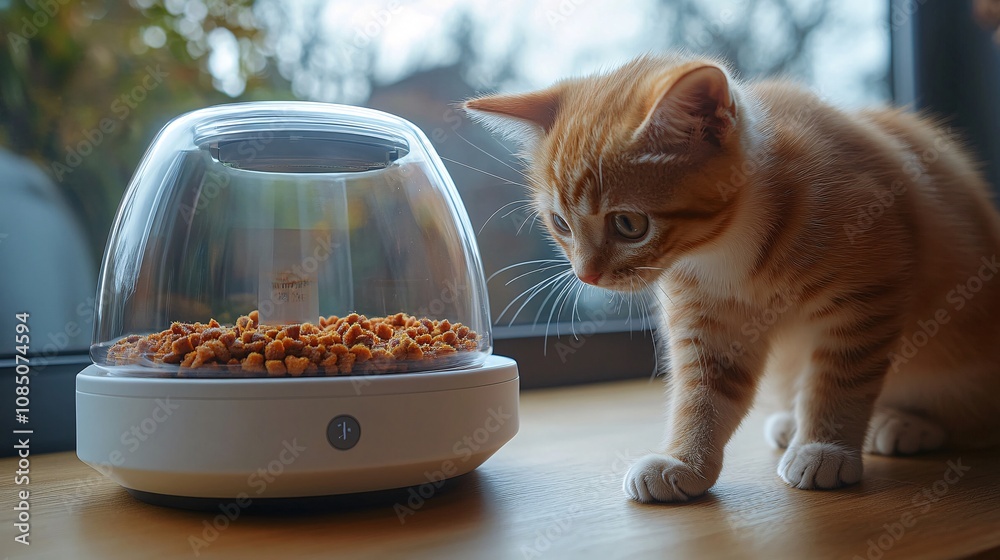 Poster Young kitten curiously exploring a modern pet feeder in a home setting showing innovative pet product design with side empty space for text Stockphoto style