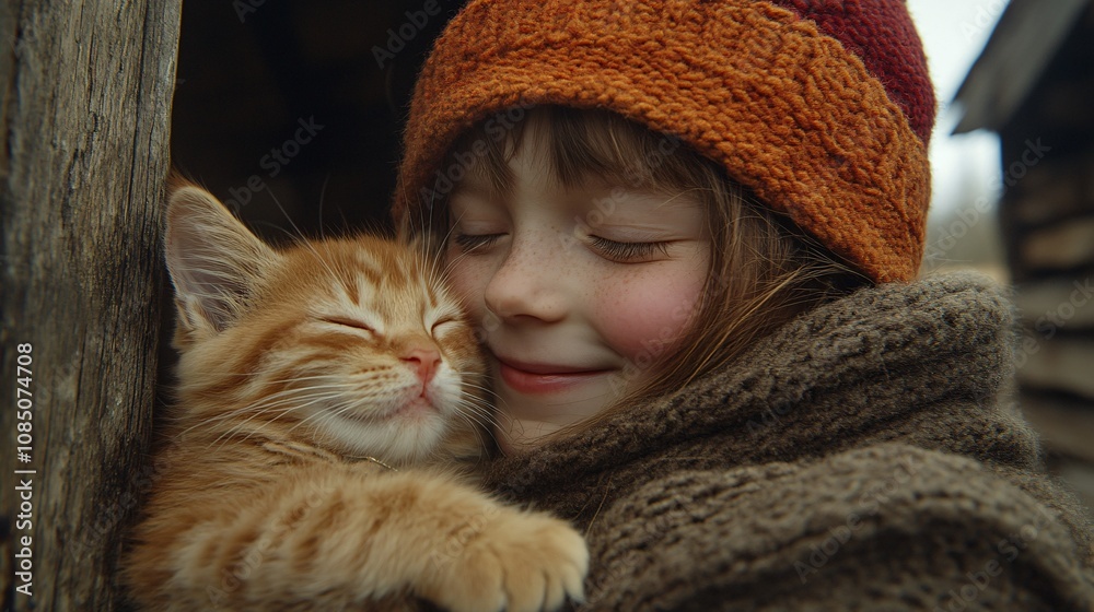 Poster pet adoption event with a smiling child gently holding a kitten in a warm, welcoming space represent