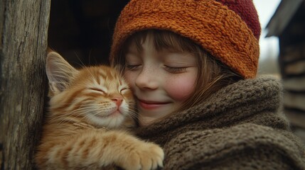 Pet adoption event with a smiling child gently holding a kitten in a warm, welcoming space representing compassion for animals with side empty space for text Stockphoto style