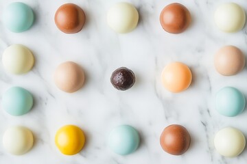 Colorful assortment of gourmet chocolate spheres arranged artistically on a marble background, featuring various flavors and eye-catching pastel colors.