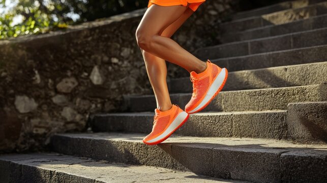 Athletic Woman Running Down Stairs in Bright Sneakers