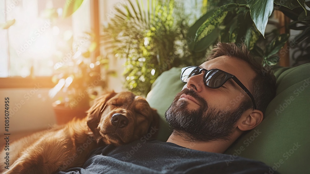 Fototapete Pet-friendly coworking space with a friendly dog lying beside its owner on a bean bag capturing relaxed pet-friendly environments with side empty space for text Stockphoto style