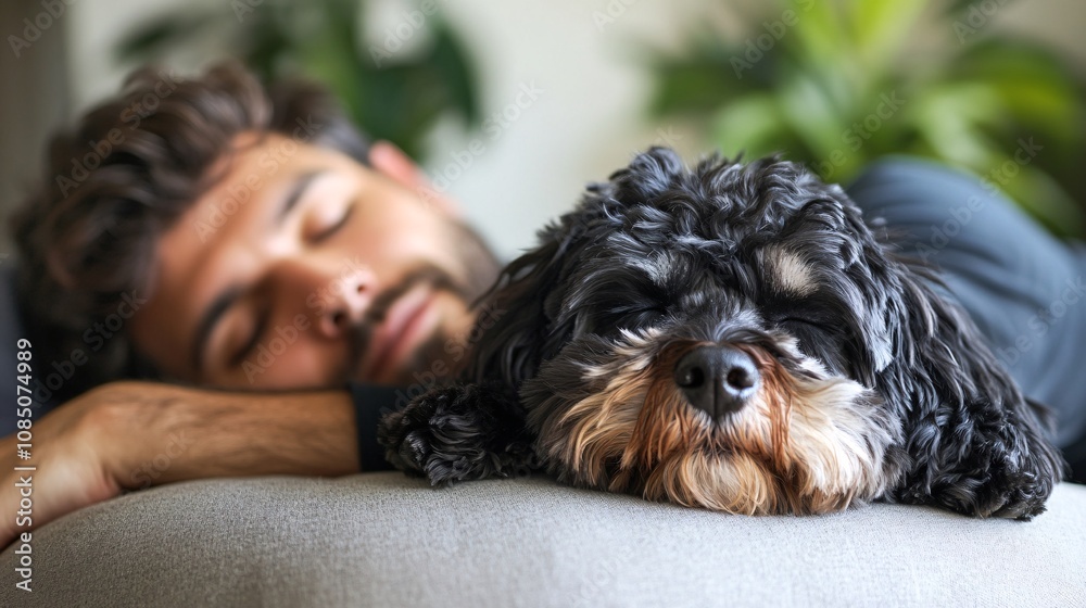 Poster pet-friendly coworking space with a friendly dog lying beside its owner on a bean bag capturing rela