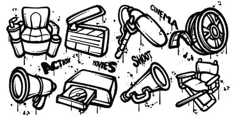 Set of graffiti spray paint cinema  equipment elements vector illustration © Myuser artwork