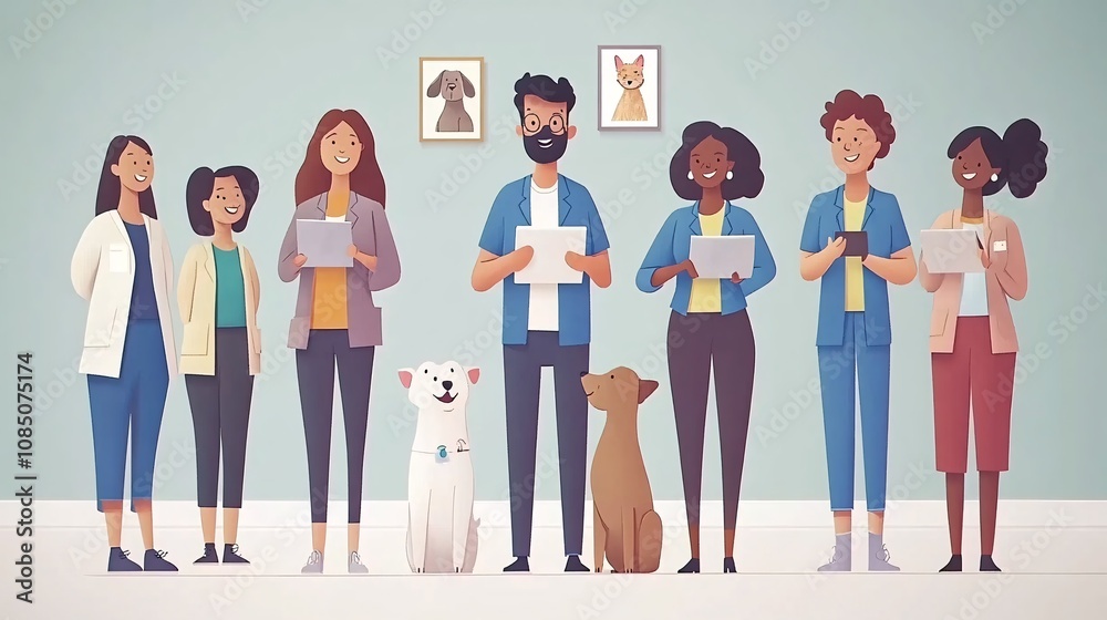 Poster pet adoption shelter interior with various animals and happy volunteers welcoming new adopters in a 
