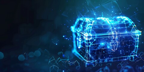 polygonal box with glowing lights on dark blue background.