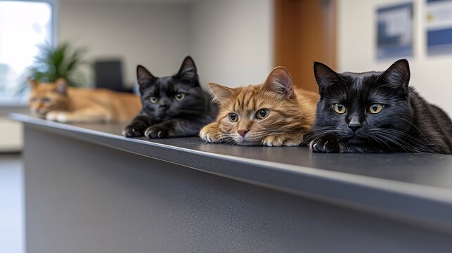 Pet adoption shelter interior with various animals and happy volunteers welcoming new adopters in a supportive space with side empty space for text Stockphoto style