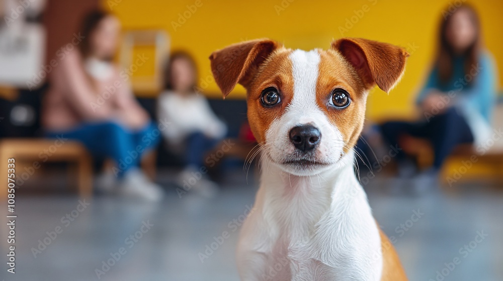 Poster Puppy training class in a well-lit indoor space with a small group of puppies and trainers capturing pet behavior support with side empty space for text Stockphoto style