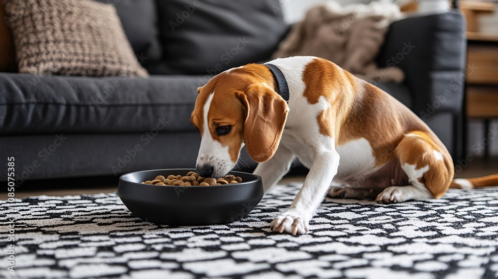 Poster Dog happily eating from a designer bowl while seated on a patterned mat in a cozy home setting representing premium pet products with side empty space for text Stockphoto style