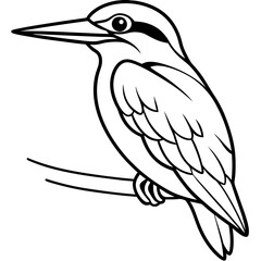 Black And White Kingfisher Bird Line Art, Kingfisher Bird Outline Illustration