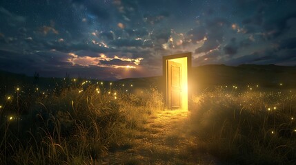 A glowing door stands open in a serene landscape, inviting exploration under a starry sky filled with fireflies.