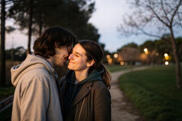 Fototapeta premium Couple ear whispering love in a romantic park setting during twilight with soft lighting