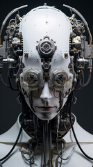 Fototapeta premium The rise of humanoids with advanced headgear, featuring futuristic designs and technology, showcasing a blend of human and machine.