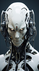 The rise of humanoids with advanced headgear, featuring futuristic designs and technology, showcasing a blend of human and machine.

