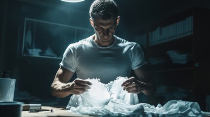 Emotionally Engaged Man Analyzing Fabric in a Dimly Lit Workshop with Soft Lighting Creating an Introspective and Creative Atmosphere