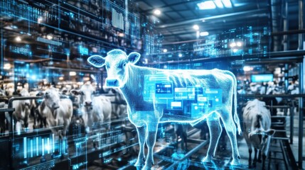 Digital Transformation in Agriculture: Futuristic Representation of a Cow with Data Integration and Smart Technology in a Farm Environment