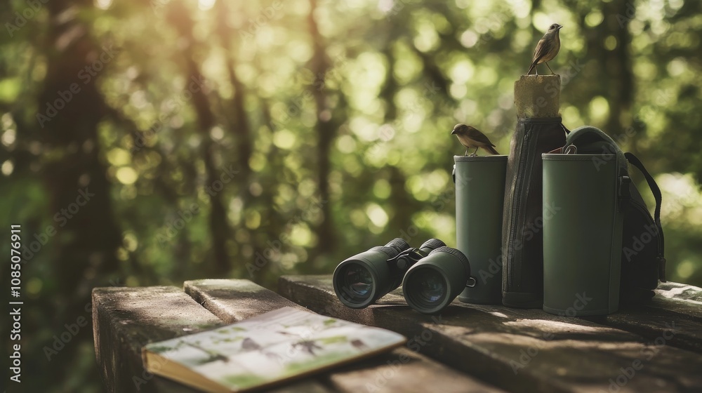 Poster a tranquil birdwatching spot in a dense forest, binoculars and bird guides neatly placed, minimalist