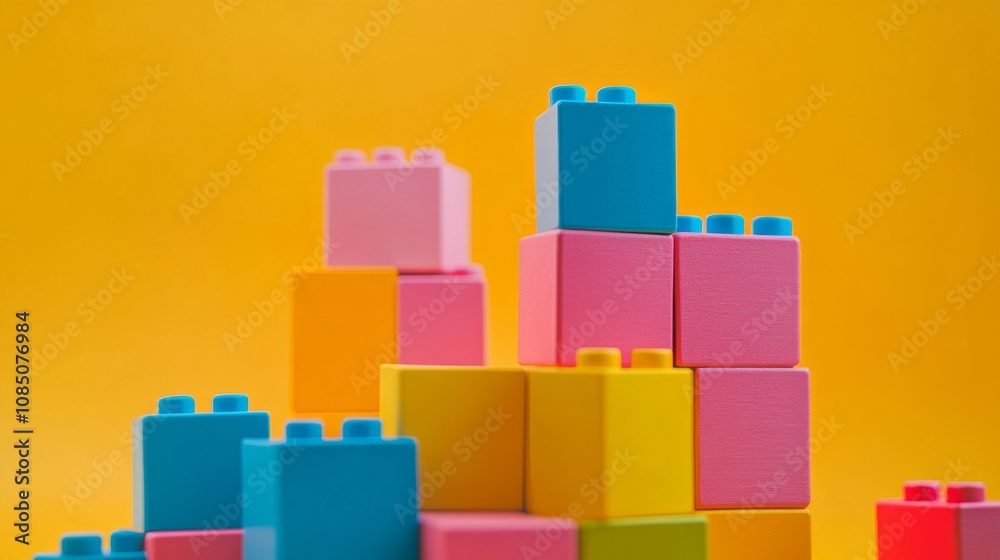 Poster a tranquil block-building scene with creatively arranged colorful bricks, playful construction style