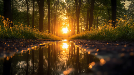 Obraz premium Serene Sunrise in a Forest with Reflective Puddle