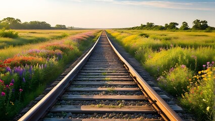 Obraz premium The railway track, a steel ribbon, winds through a vibrant meadow. It leads the eye towards the distant horizon, where the sky meets the earth in a breathtaking panorama