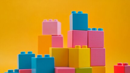 Obraz premium A tranquil block-building scene with creatively arranged colorful bricks, Playful construction style, photo of