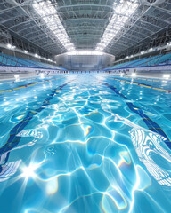 A vibrant indoor swimming pool with crystal-clear water reflecting lights, showcasing a spacious, modern architectural design.