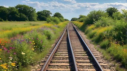Obraz premium The railway track, a steel ribbon, winds through a vibrant meadow. It leads the eye towards the distant horizon, where the sky meets the earth in a breathtaking panorama
