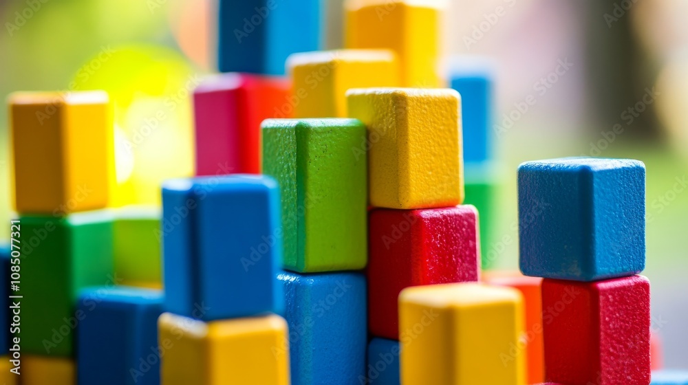 Poster A tranquil block-building setup with colorful bricks arranged creatively, Playful construction style, photo of