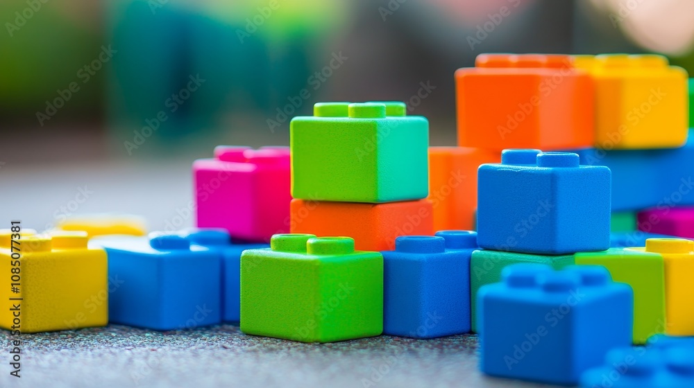 Aufkleber A tranquil block-building setup with colorful bricks arranged creatively, Playful construction style, photo of