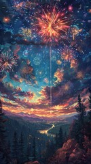 A stunning view of fireworks exploding over a valley at sunset.