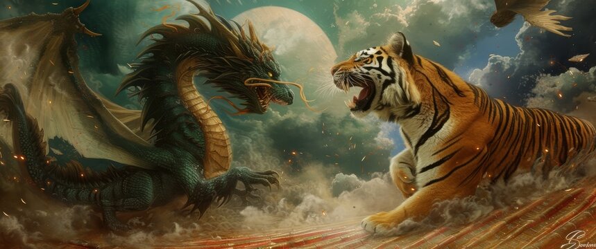 Majestic tiger facing a dragon in a powerful standoff, symbolizing strength and mythical rivalry, set against dramatic, cloudy skies.