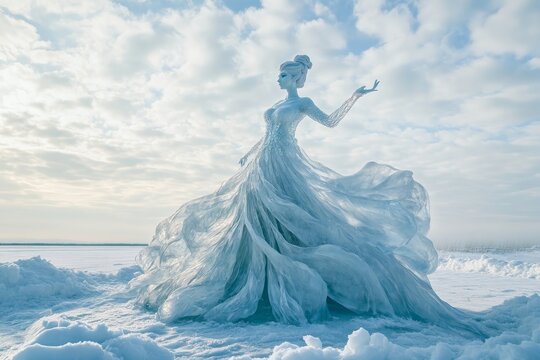  An ice queen sculpture. Full body shot. Winter background