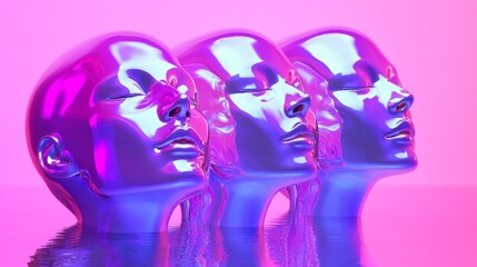 Colorful reflective mannequin heads in harmony.