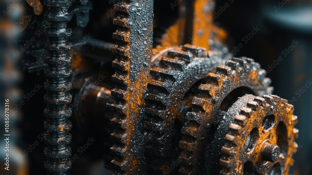 Poster Close-up of Rusty Interlocking Gears in a Machine