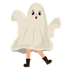 Clipart illustration of a little girl in a cloth ghost costume at a halloween celebration