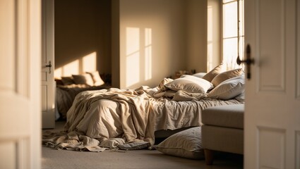 Cozy messy bedroom with soft bedding and warm light streaming through the open door