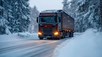 Large Truck Driving on Snowy Road at Night
