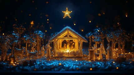 Obraz premium Beautiful Nativity Scene with Illuminated Figures and Starry Sky, Capturing the Essence of Christmas Traditions and Joyful Holiday Celebrations in a Magical Setting