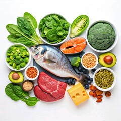 Ketogenic diet food. Healthy low carbs products. Keto diet concept. Vegetables, fish, meat, nuts, seeds, berries, cheese