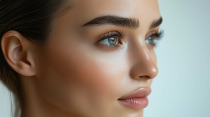Obraz premium Close-Up Portrait of a Young Woman with Flawless Skin and Striking Blue Eyes, Capturing Natural Beauty and Elegance in Soft Light