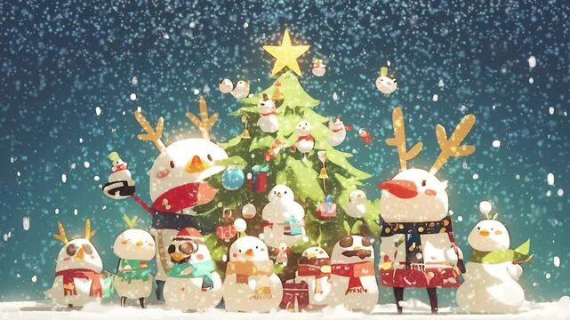A delightful assembly of cheerful snowmen celebrating the holiday spirit. stream overlay seamless loop Vtuber streamer asset twitch zoom OBS screen animated wallpaper virtual background